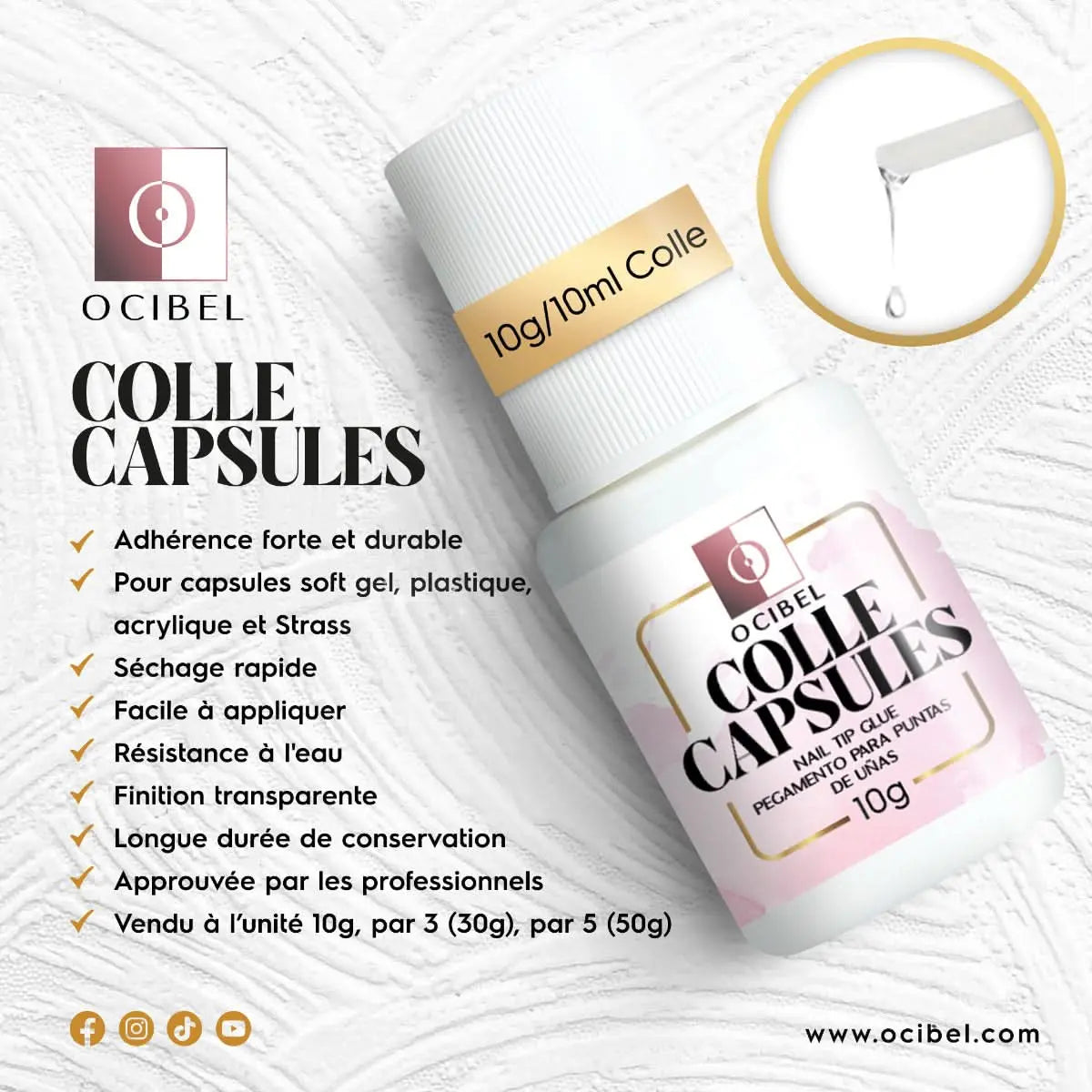 3 Colles Extra Forte pour Faux Ongles 3x10g = 30g (30ml) - Pinceau applicateur pour Capsules en Gel, Plastique, Acrylique et Strass OCIBEL